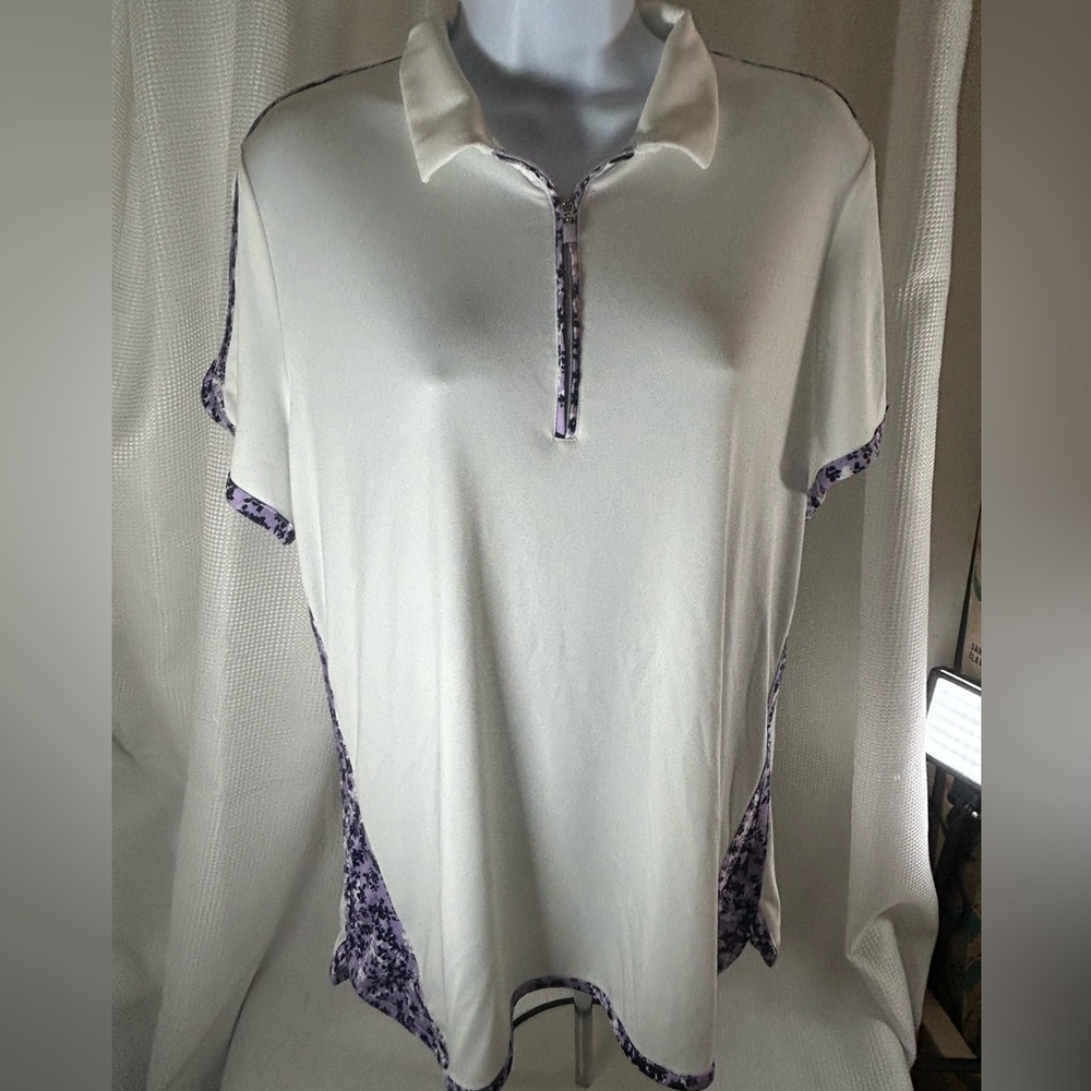 PGA Tour short sleeve pull on shirt white and purple floral print trim women’s